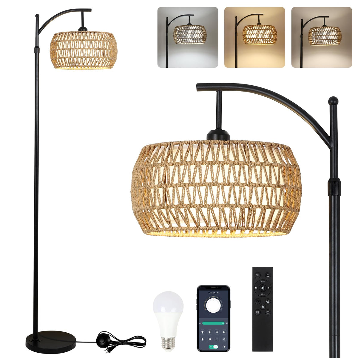 Eyassi Arc Floor Lamp with Remote — Dimmable LED, 3 Color Temps, Boho Rattan Shade