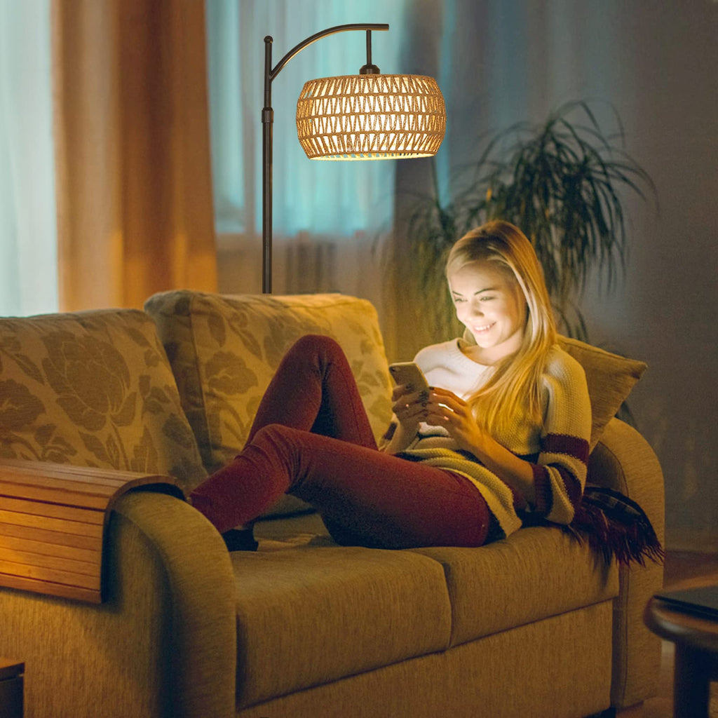 Eyassi Arc Floor Lamp with Remote — Dimmable LED, 3 Color Temps, Boho Rattan Shade