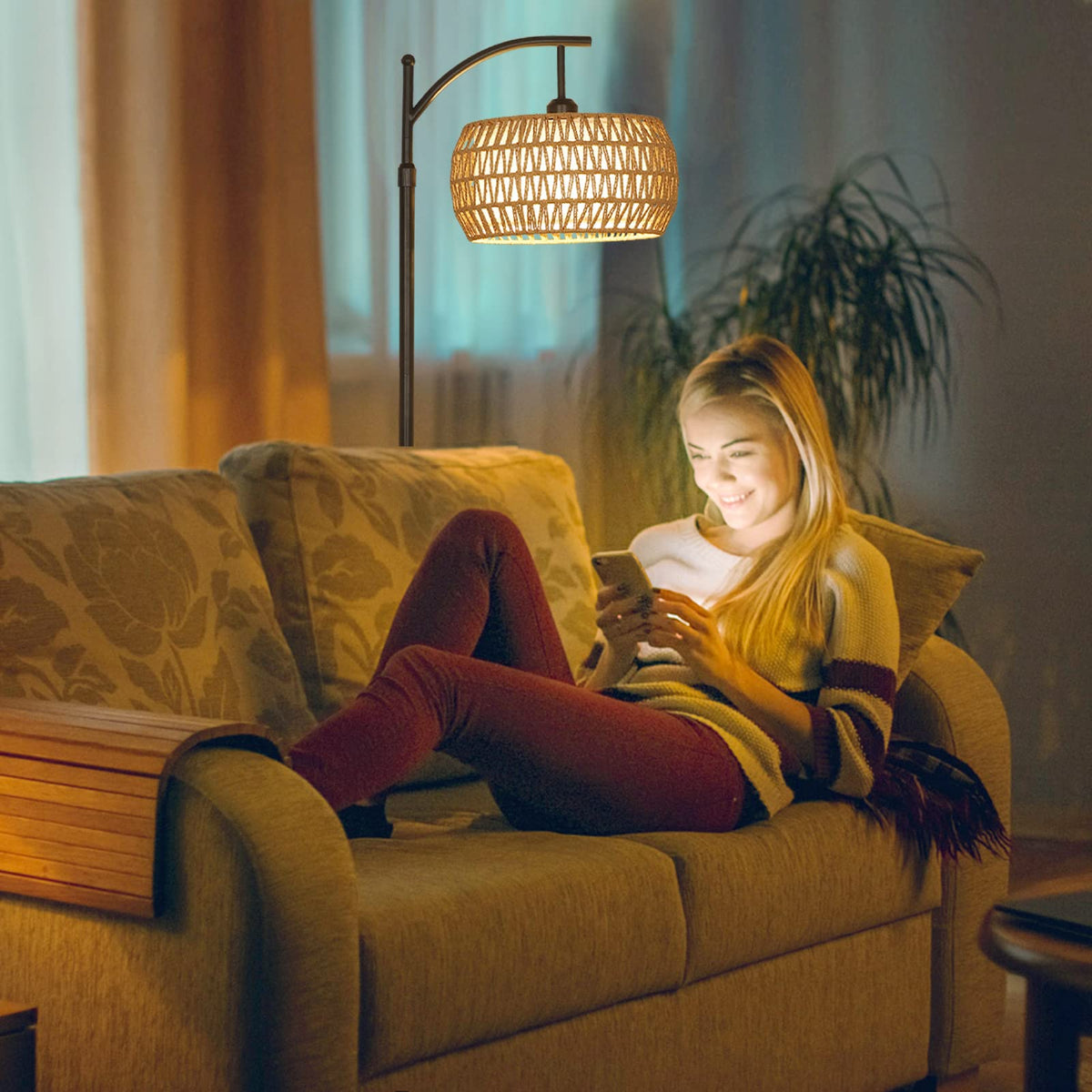 Eyassi Arc Floor Lamp with Remote — Dimmable LED, 3 Color Temps, Boho Rattan Shade