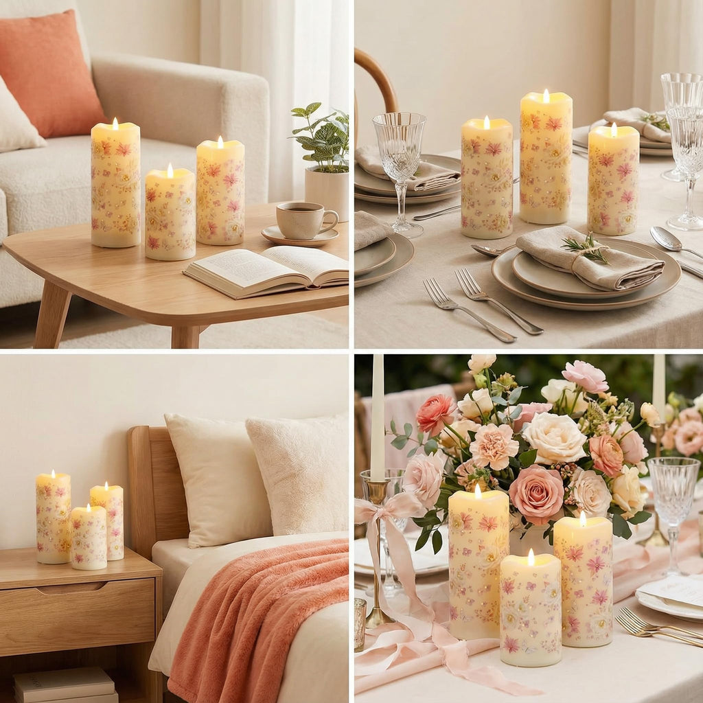 Eywamage Fiber Optic Flameless Pillar Candles with Remote – Floral Butterfly Spring Set (3)