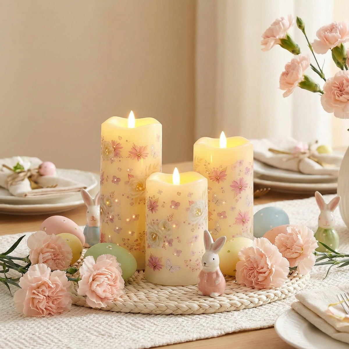 Eywamage Fiber Optic Flameless Pillar Candles with Remote – Floral Butterfly Spring Set (3)
