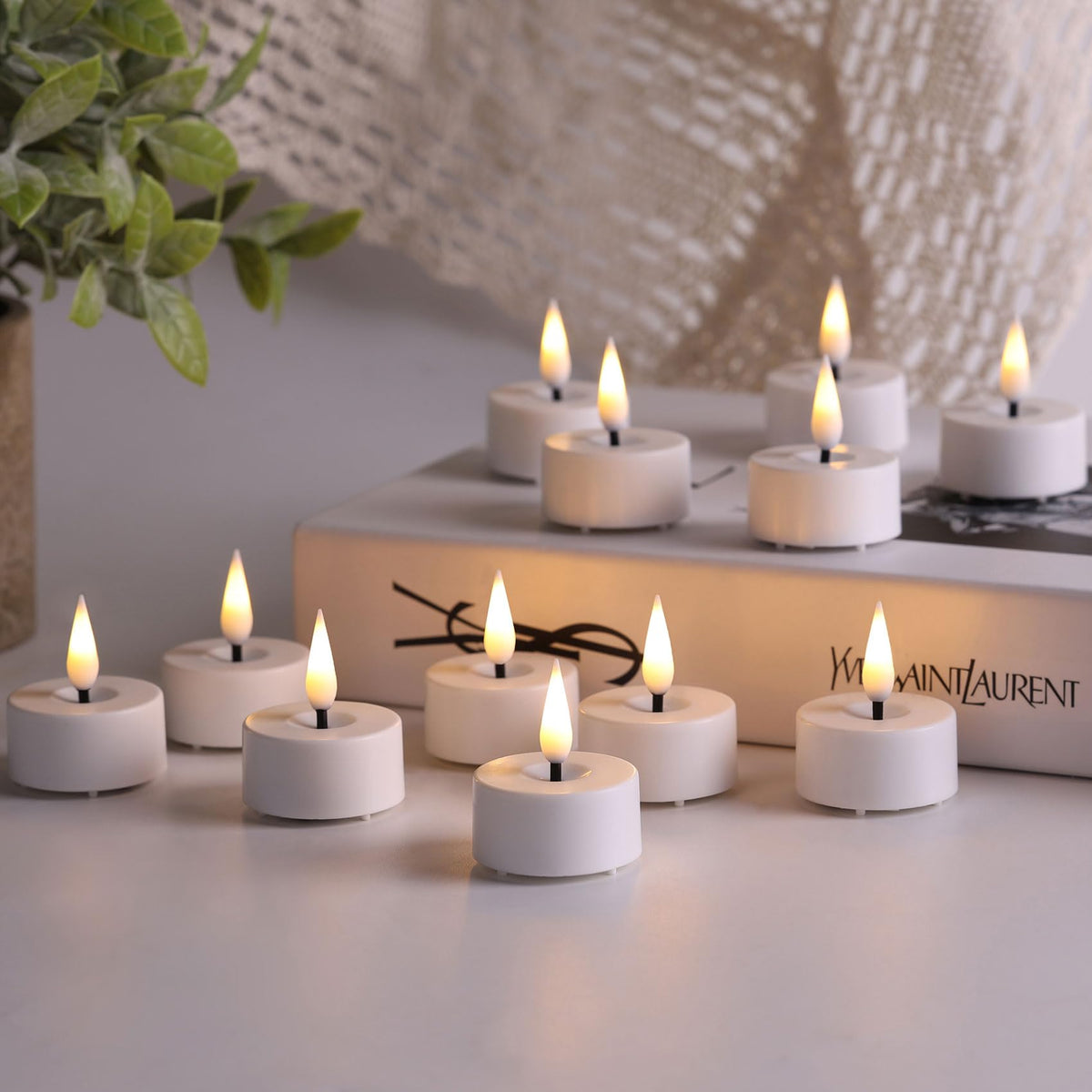 Eywamage White LED Tealights with Remote – 12-Pack Flicker Flameless Candles (Batteries Included)