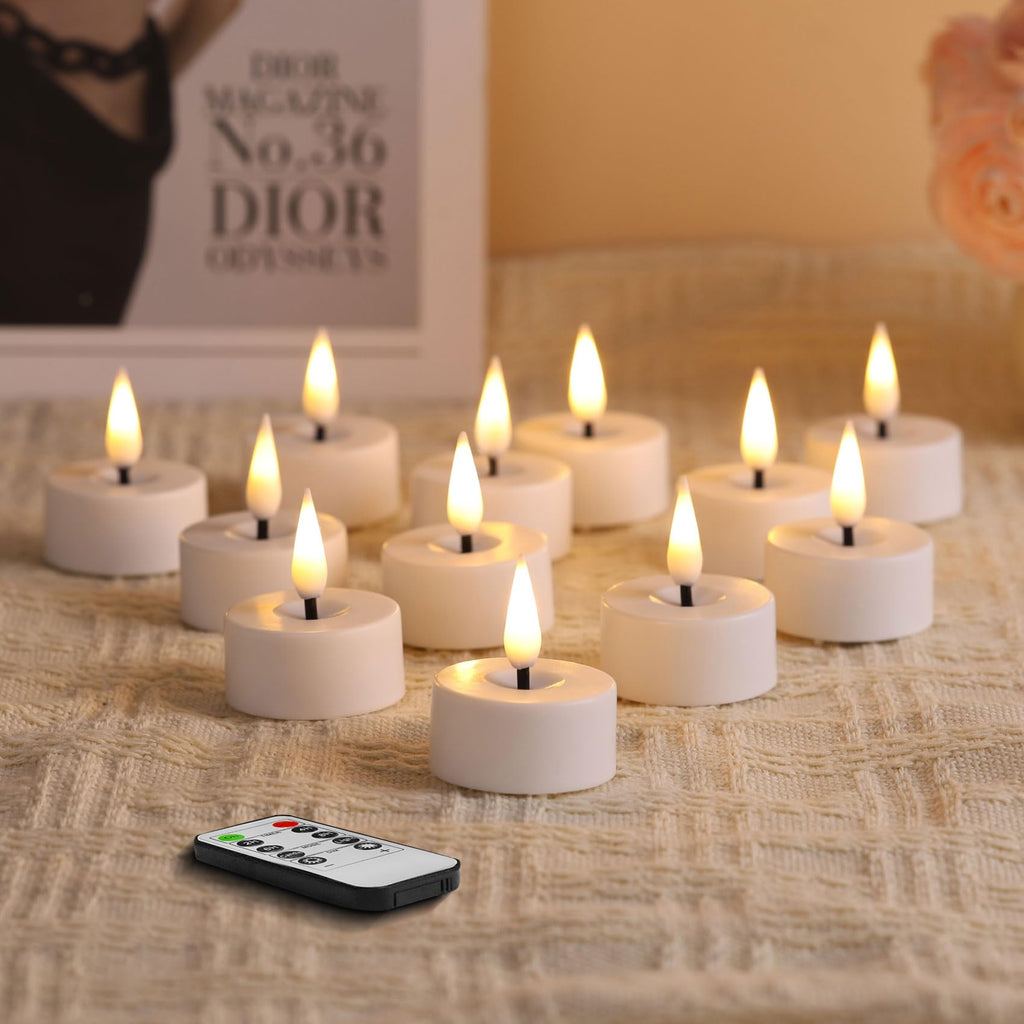 Eywamage White LED Tealights with Remote – 12-Pack Flicker Flameless Candles (Batteries Included)