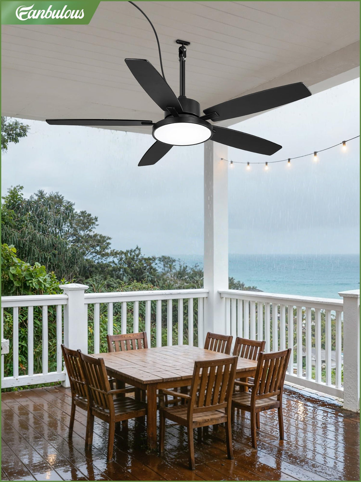 Fanbulous 52'' Outdoor Ceiling Fan with Light & Remote – IP65 Wet Rated, 6-Speed DC, Black