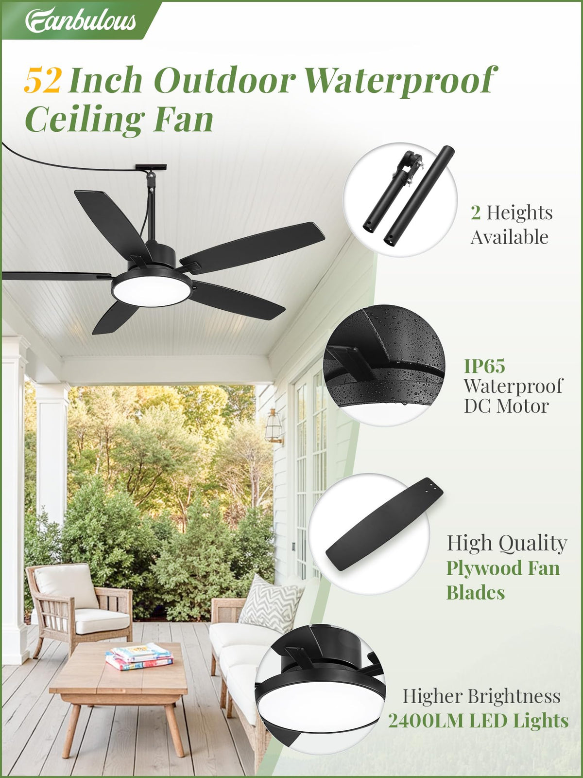 Fanbulous 52'' Outdoor Ceiling Fan with Light & Remote – IP65 Wet Rated, 6-Speed DC, Black