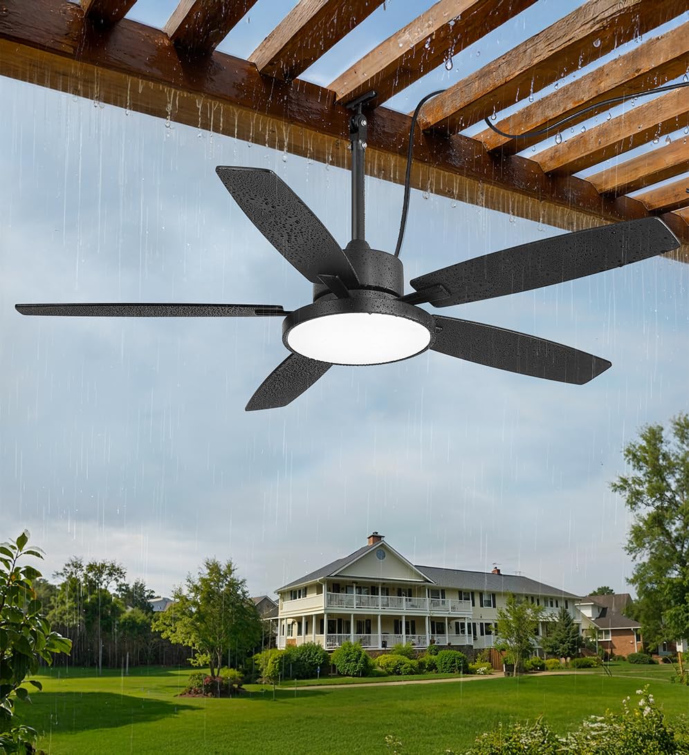 Fanbulous 52'' Outdoor Ceiling Fan with Light & Remote – IP65 Wet Rated, 6-Speed DC, Black