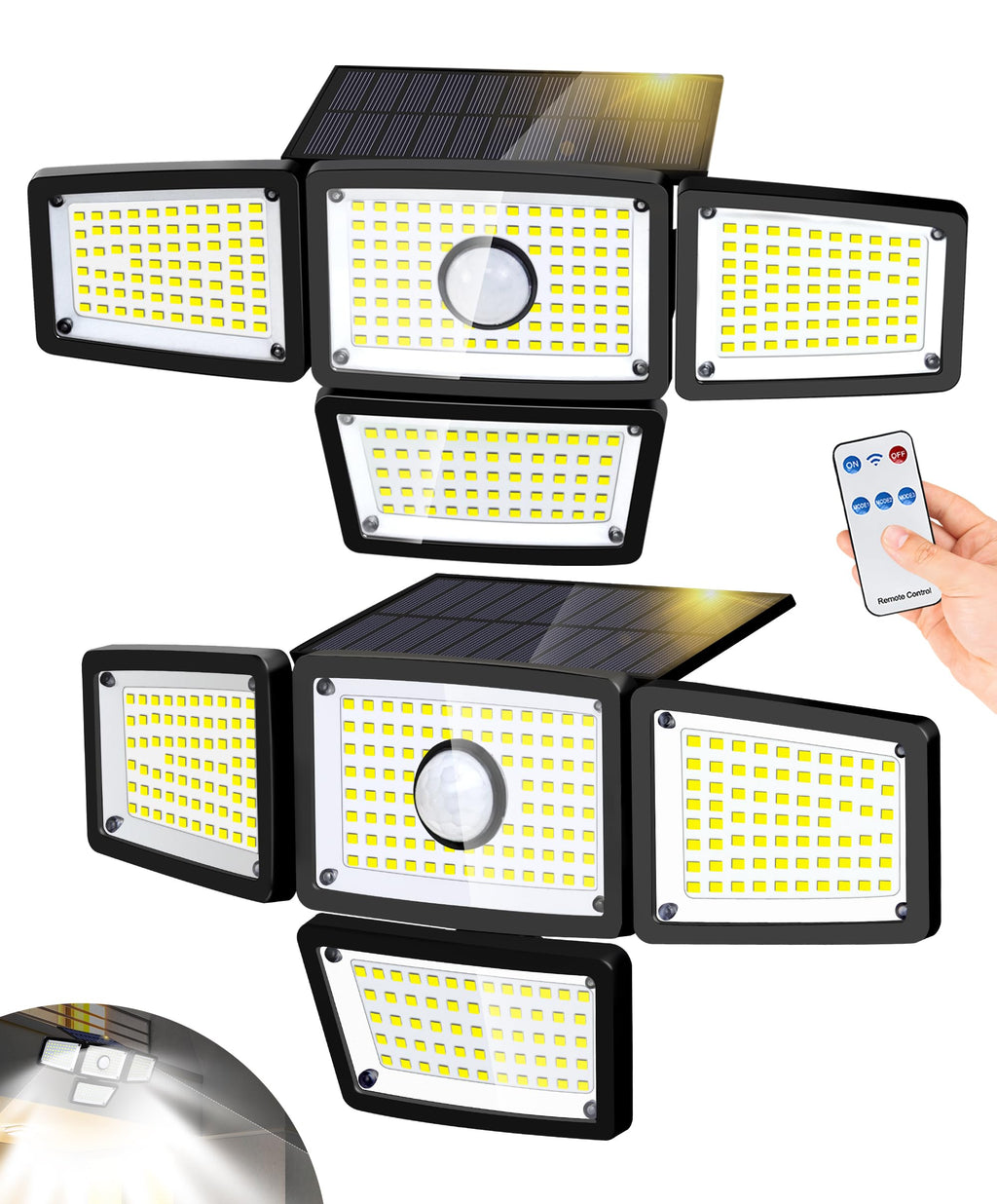 FAXBOX 4-Head Solar Motion Sensor Outdoor Lights, 3000LM, 283 LEDs, 6500K, IP65 Waterproof, 270° Wide Coverage (2-Pack)
