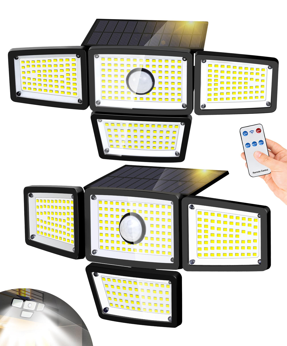 FAXBOX 4-Head Solar Motion Sensor Outdoor Lights, 3000LM, 283 LEDs, 6500K, IP65 Waterproof, 270° Wide Coverage (2-Pack)