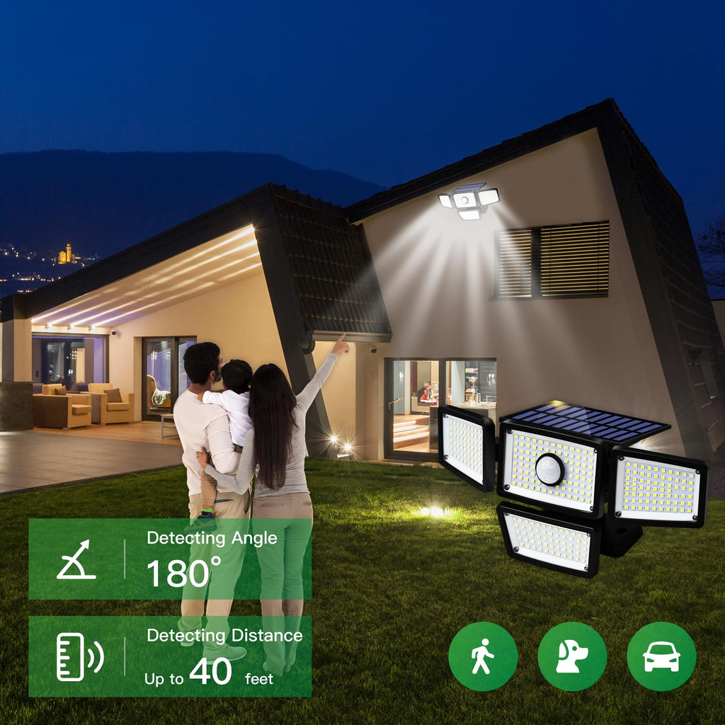 FAXBOX 4-Head Solar Motion Sensor Outdoor Lights, 3000LM, 283 LEDs, 6500K, IP65 Waterproof, 270° Wide Coverage (2-Pack)