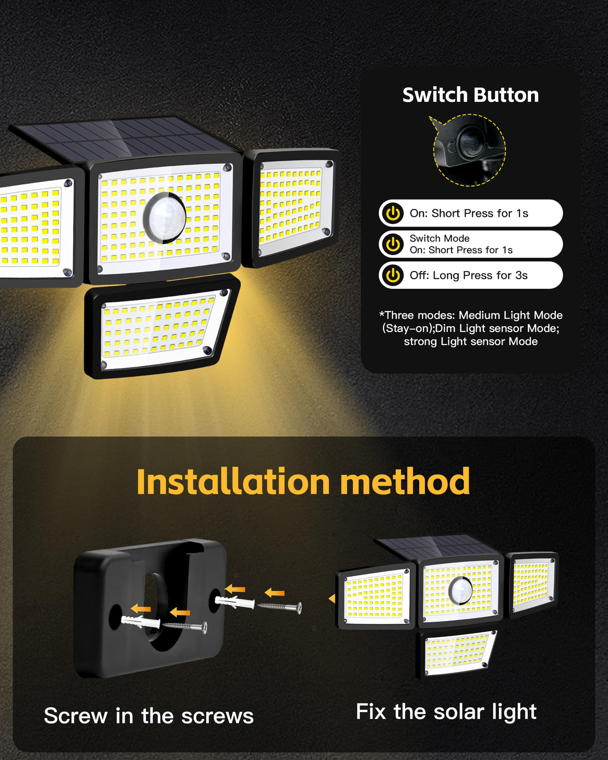 FAXBOX 4-Head Solar Motion Sensor Outdoor Lights, 3000LM, 283 LEDs, 6500K, IP65 Waterproof, 270° Wide Coverage (2-Pack)
