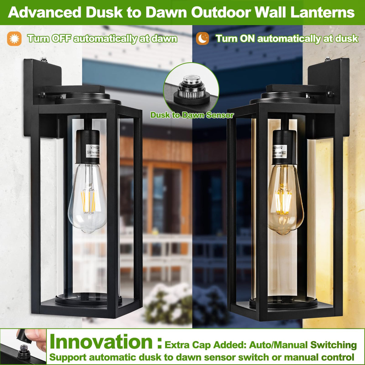 FILIYANO 16-Inch Dusk-to-Dawn Outdoor Wall Light – 2-Pack, Matte Black Porch Sconces