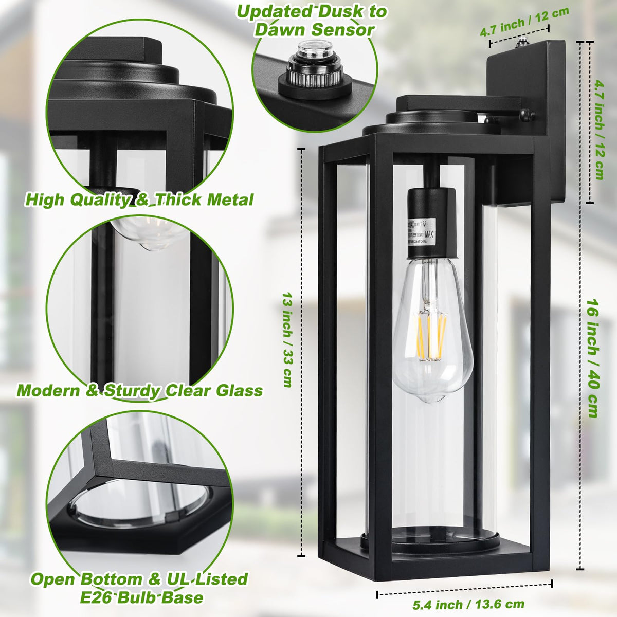 FILIYANO 16-Inch Dusk-to-Dawn Outdoor Wall Light – 2-Pack, Matte Black Porch Sconces