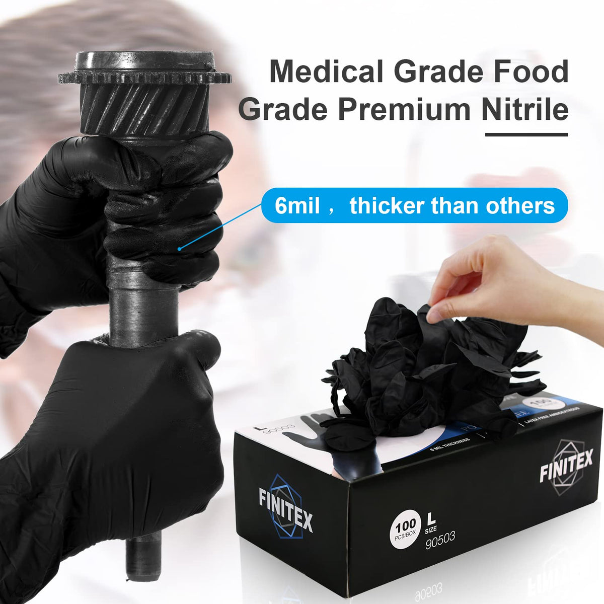 Finitex Black Nitrile Gloves - 6mil, Powder-Free, Latex-Free (Case 1000)