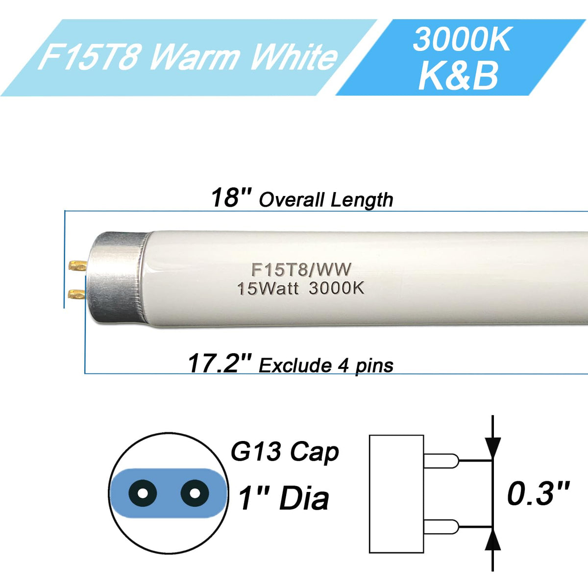 Flyercatch 18-Inch F15T8/WW Warm White Fluorescent Bulb | 15W Replacement for Kitchen & Bath