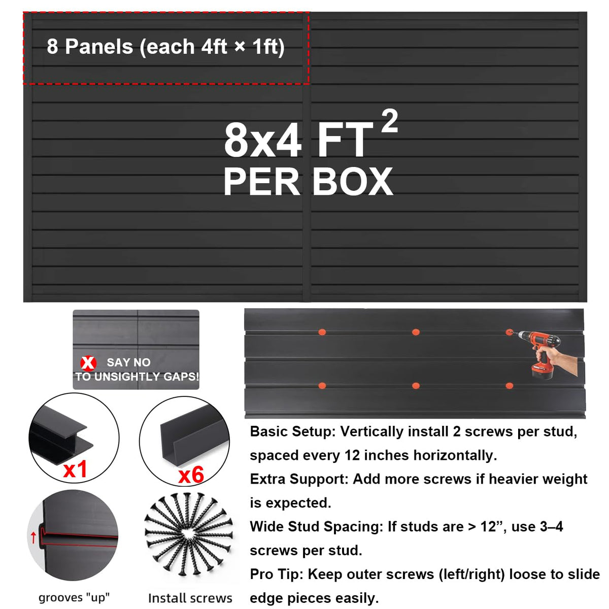 FRAYSCENT Slat Wall Paneling – 32 sq ft Garage Organizer (Black PVC)