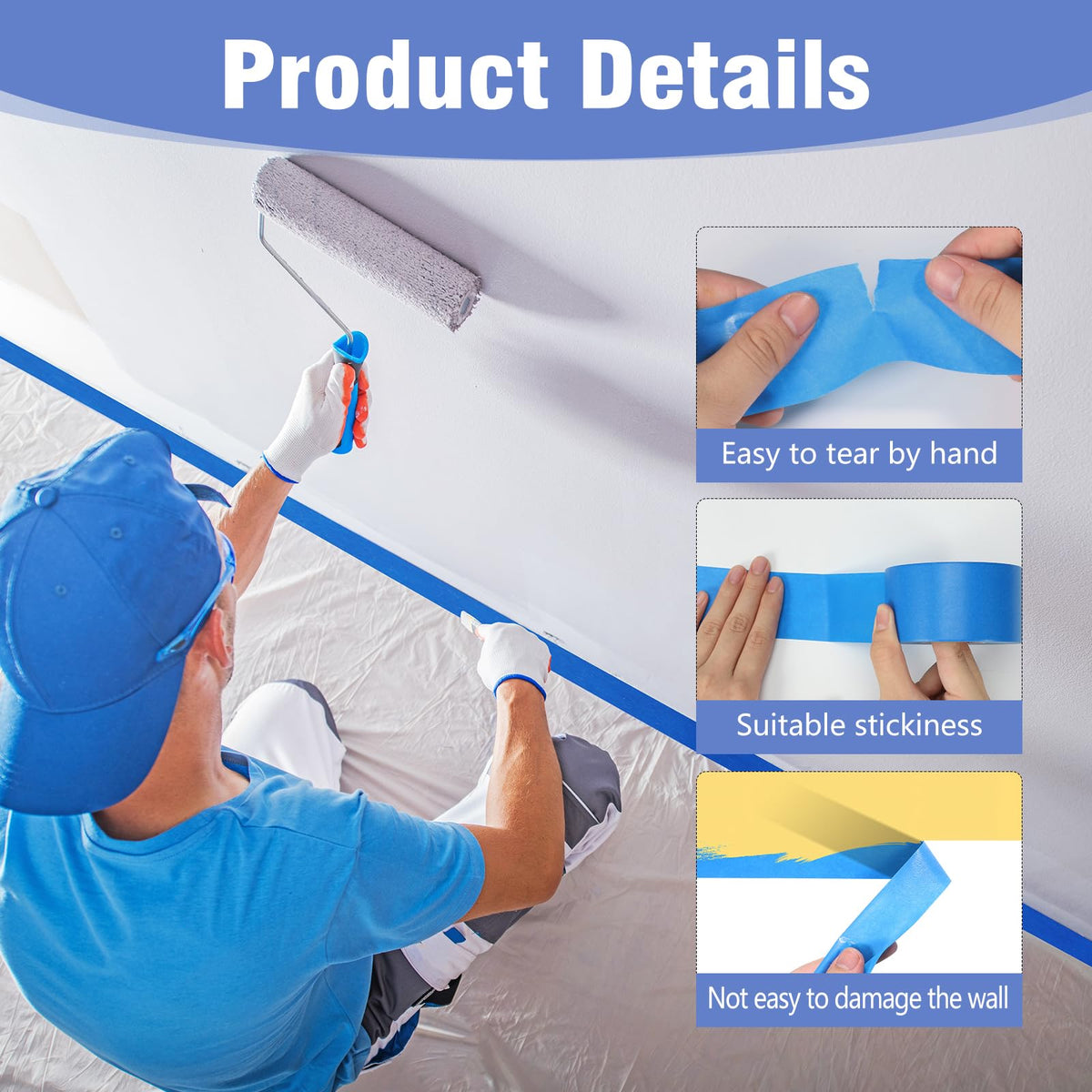 Fyguard Blue Painter Tape 1.89in x 55yd (3 Rolls) - Washi Masking Tape for Walls, Edges & DIY Projects