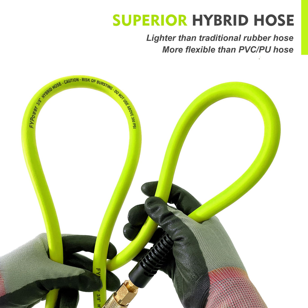 FYPower Air Compressor Whip Hose 3/8 in x 6 ft – Hybrid, Kink-Resistant, 1/4 in Quick Coupler, Green