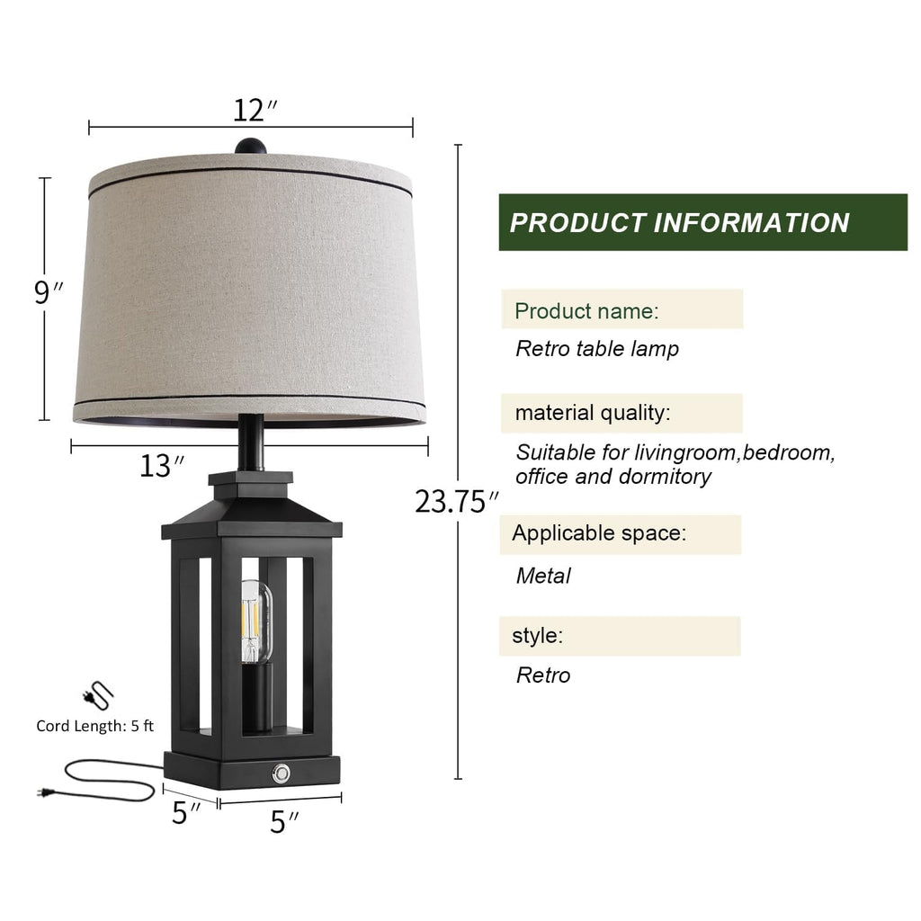 G-SAFAVA 23.75-inch Retro Farmhouse Black Table Lamp Set of 2 – USB-C & USB-A, Touch 3-Way Dimmable