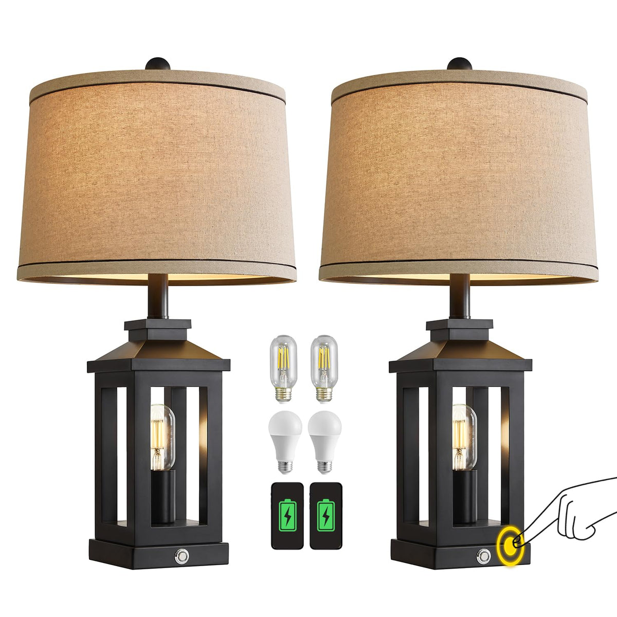 G-SAFAVA 23.75-inch Retro Farmhouse Black Table Lamp Set of 2 – USB-C & USB-A, Touch 3-Way Dimmable