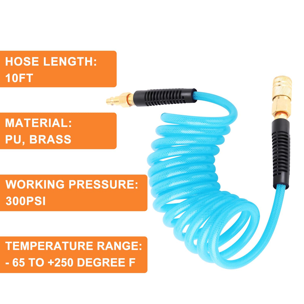 GASHER 1/4 in x 10 ft Reinforced Polyurethane Recoil Air Hose with Bend Restrictor, 1/4 in Coupler & Plug