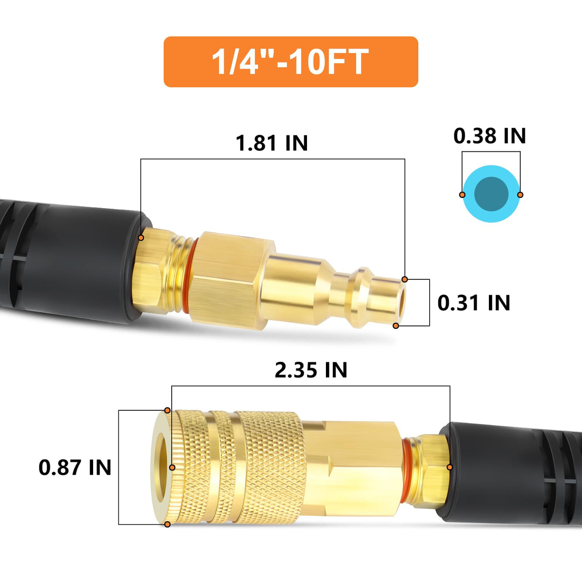GASHER 1/4 in x 10 ft Reinforced Polyurethane Recoil Air Hose with Bend Restrictor, 1/4 in Coupler & Plug