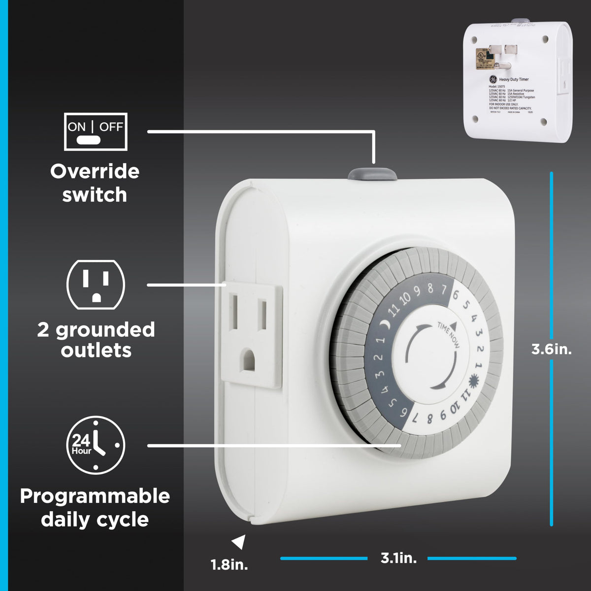 GE 24-Hour Mechanical Outlet Timer Switch – Dual Grounded Outlets (2 Pack) 46211
