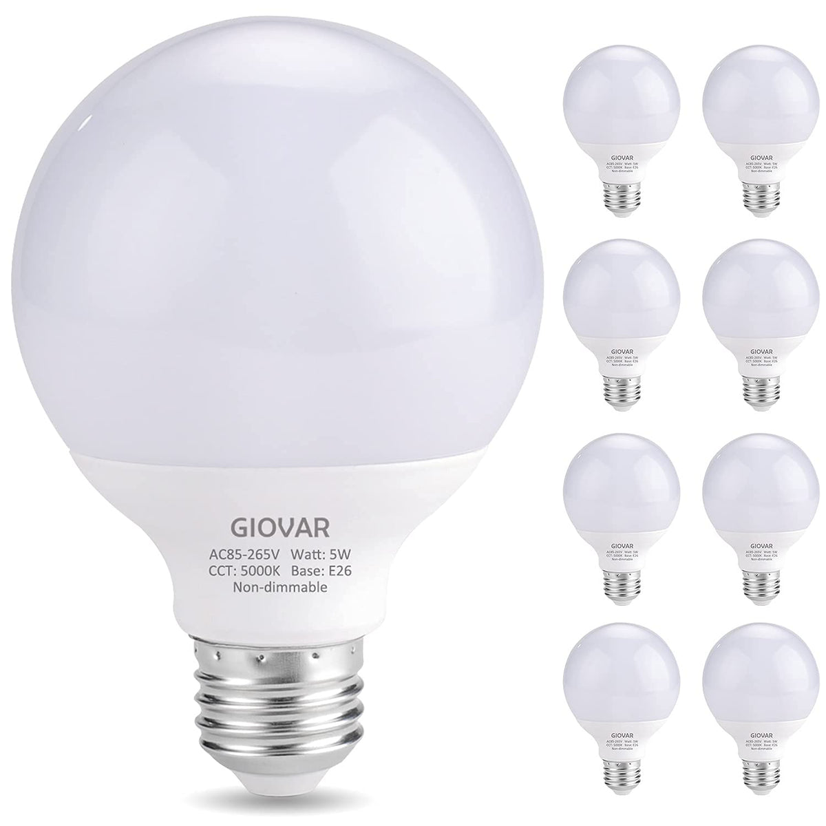 GIOVAR 8-Pack G25 LED Globe Bulbs – Daylight 5000K, 120V, 40W Equivalent, E26 Vanity Lights, Non-Dimmable