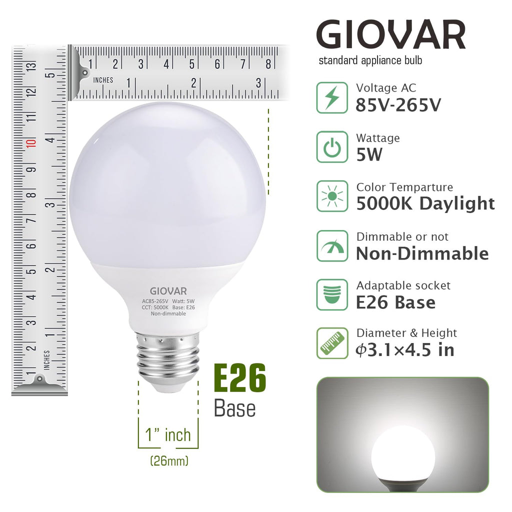 GIOVAR 8-Pack G25 LED Globe Bulbs – Daylight 5000K, 120V, 40W Equivalent, E26 Vanity Lights, Non-Dimmable
