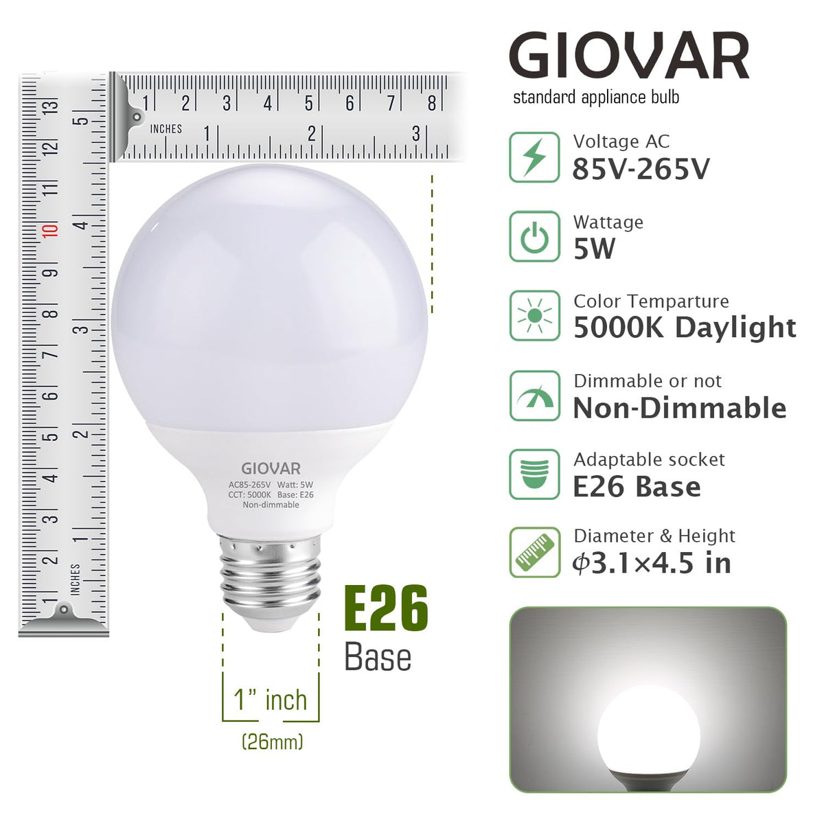 GIOVAR 8-Pack G25 LED Globe Bulbs – Daylight 5000K, 120V, 40W Equivalent, E26 Vanity Lights, Non-Dimmable