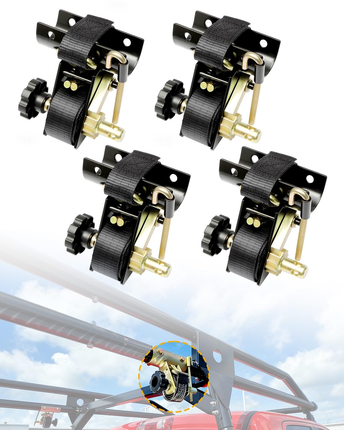 Gledewen Ladder Rack Ratchet Straps with J-Hooks – 4-Pack, 7.5 ft, 1.5 in Wide, 500 lb WLL
