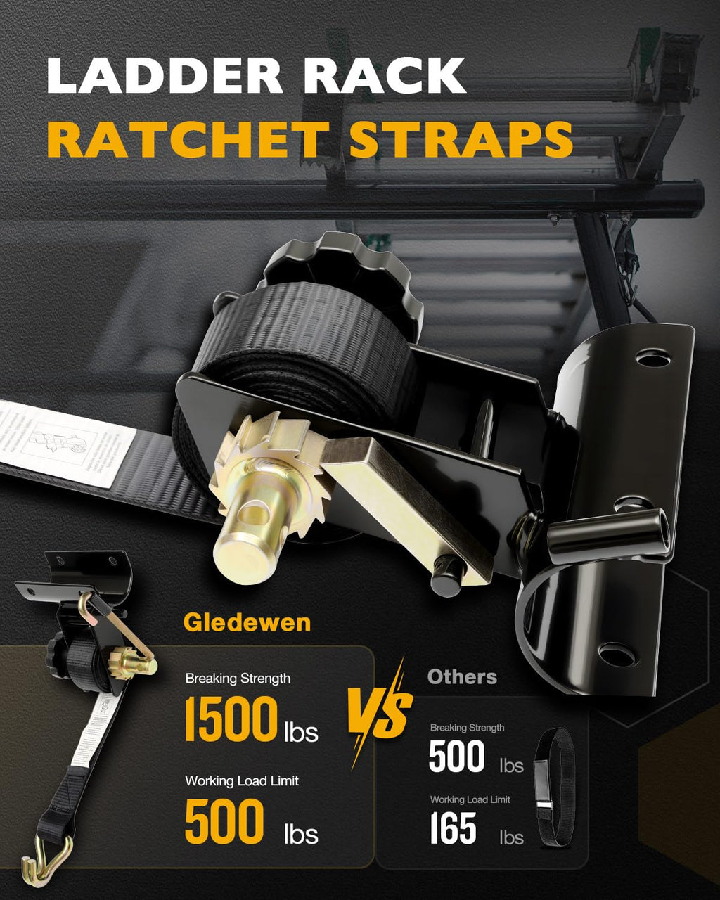 Gledewen Ladder Rack Ratchet Straps with J-Hooks – 4-Pack, 7.5 ft, 1.5 in Wide, 500 lb WLL