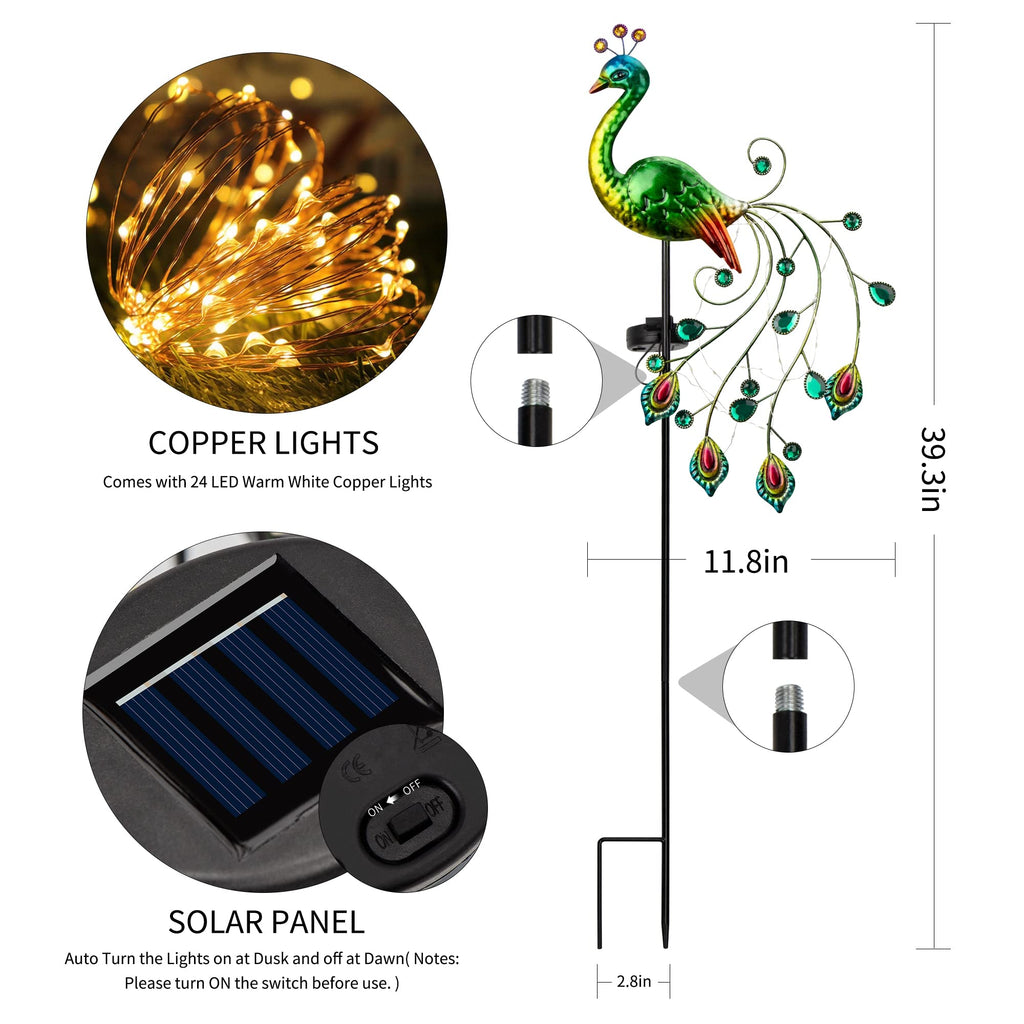 Glintoper Solar Garden Lights - 39-Inch Metal Peacock Stake | Waterproof Yard Decor & Mother's Day Gift