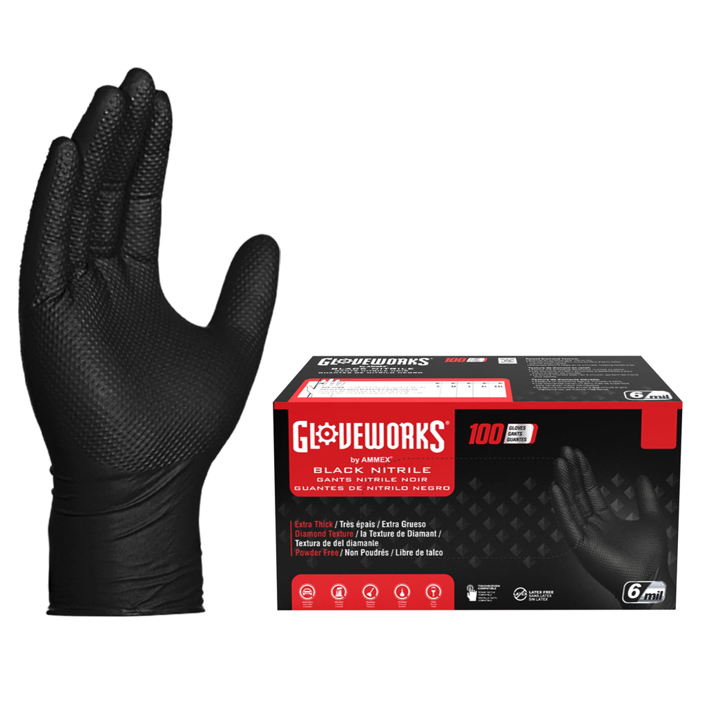 GLOVEWORKS HD Black Nitrile Gloves – 6 Mil, Raised Diamond Texture, Large (Box of 100)