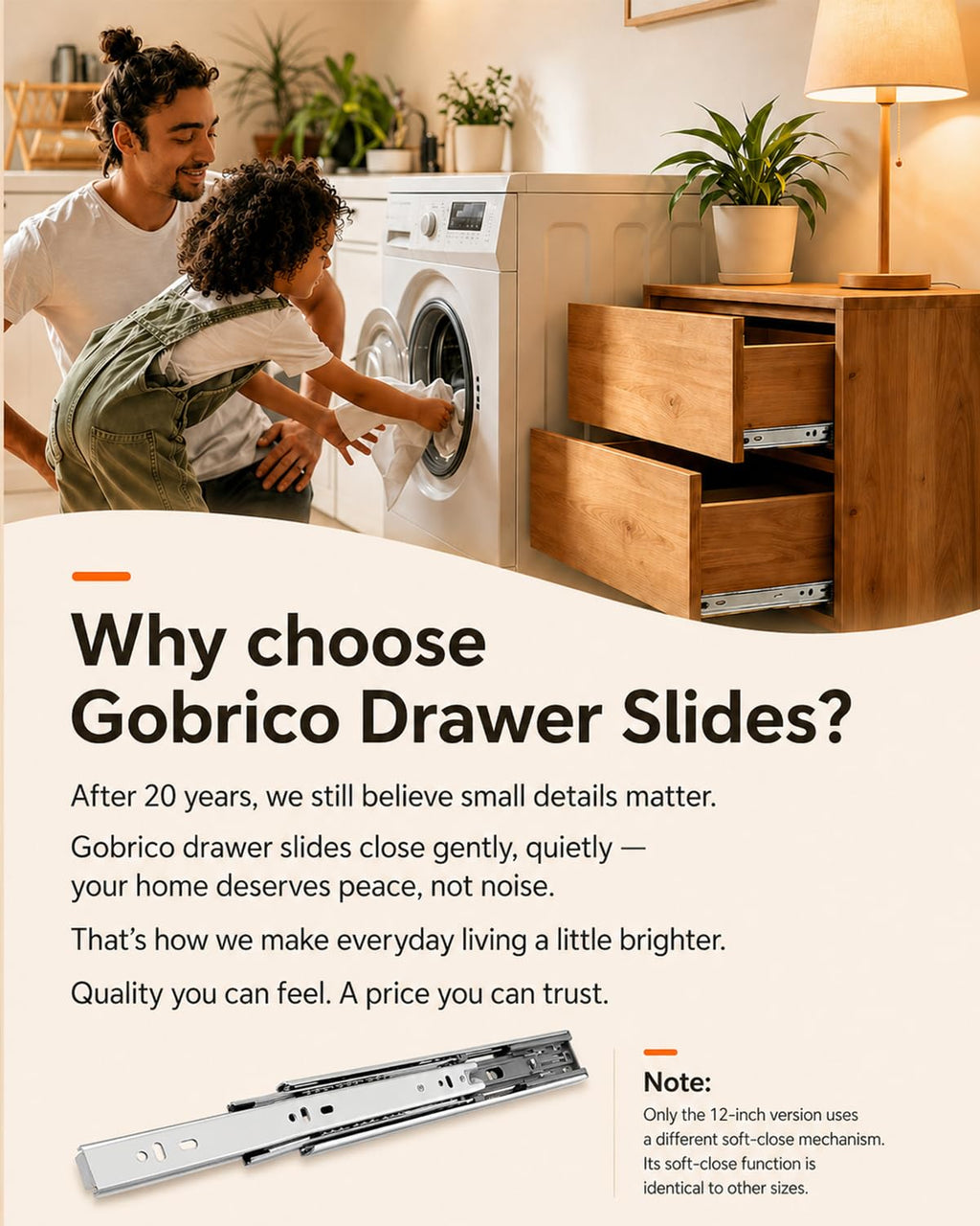 Gobrico 16-In Drawer Slides – Soft-Close, Full-Extension, Side-M Mount (1 Pair) | 78 lb Capacity