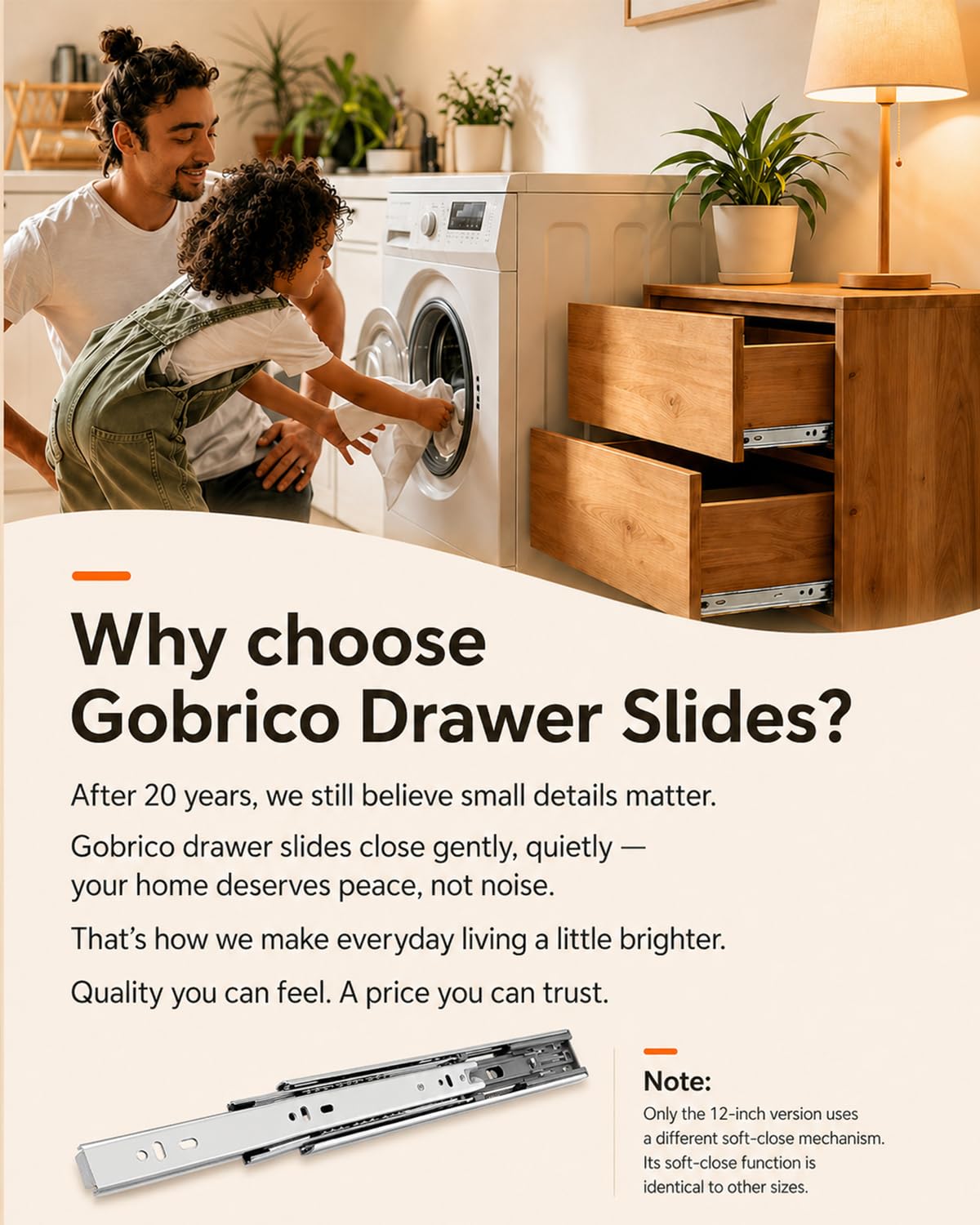 Gobrico 16-In Drawer Slides – Soft-Close, Full-Extension, Side-M Mount (1 Pair) | 78 lb Capacity