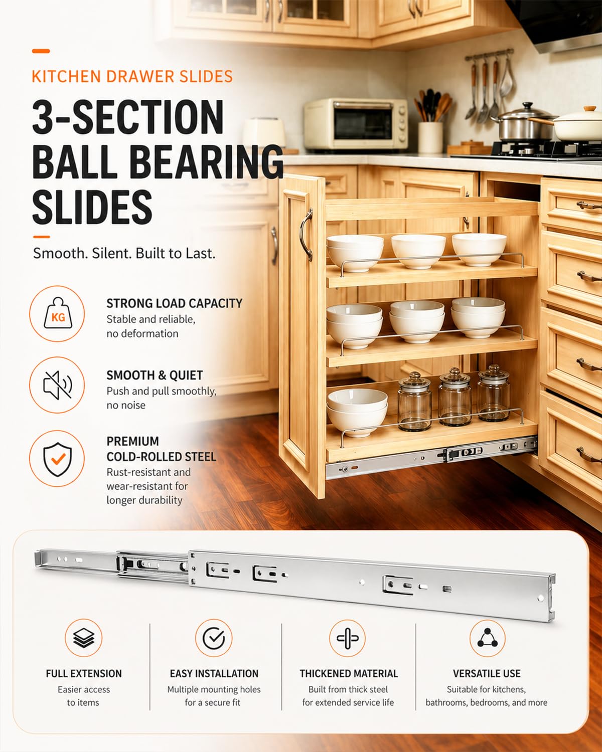 Gobrico 16-In Drawer Slides – Soft-Close, Full-Extension, Side-M Mount (1 Pair) | 78 lb Capacity
