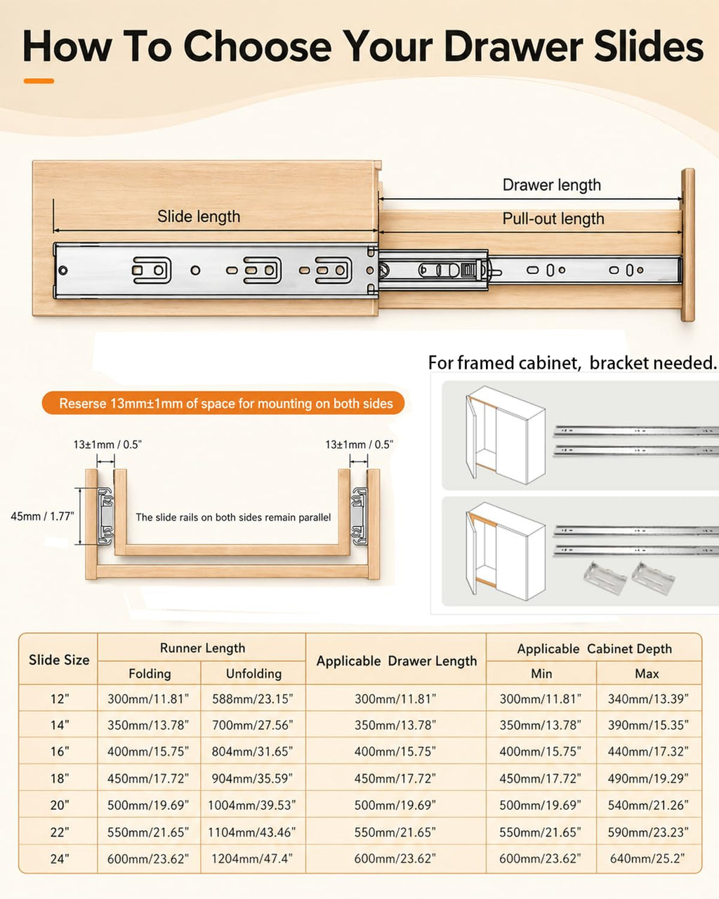 Gobrico 16-In Drawer Slides – Soft-Close, Full-Extension, Side-M Mount (1 Pair) | 78 lb Capacity
