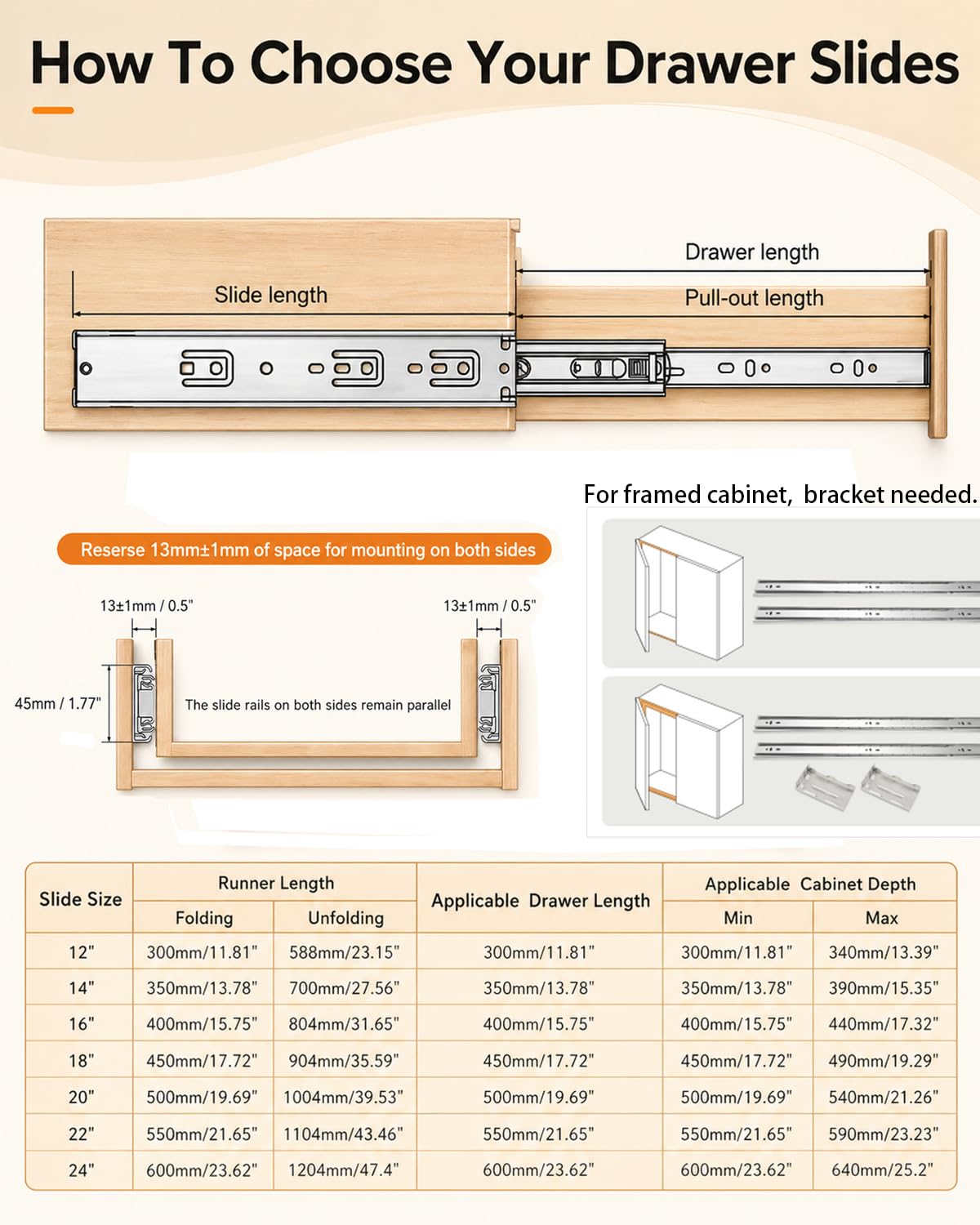 Gobrico 16-In Drawer Slides – Soft-Close, Full-Extension, Side-M Mount (1 Pair) | 78 lb Capacity