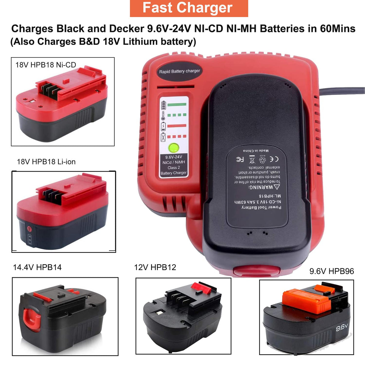 Gonocop BDFC240 Battery Charger for Black & Decker 9.6V–24V NiCd NiMh Firestorm