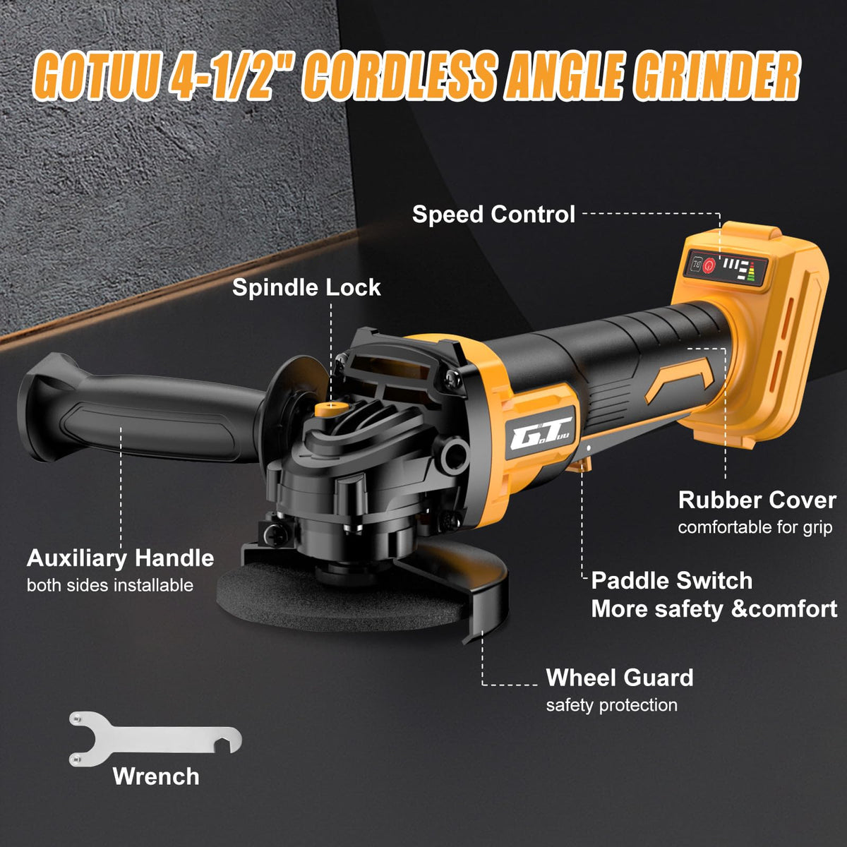 GOTUU Cordless Angle Grinder for DEWALT 20V MAX Battery – 4-1/2in Brushless Cut Off Tool, Safe Paddle Switch, 3-Speed