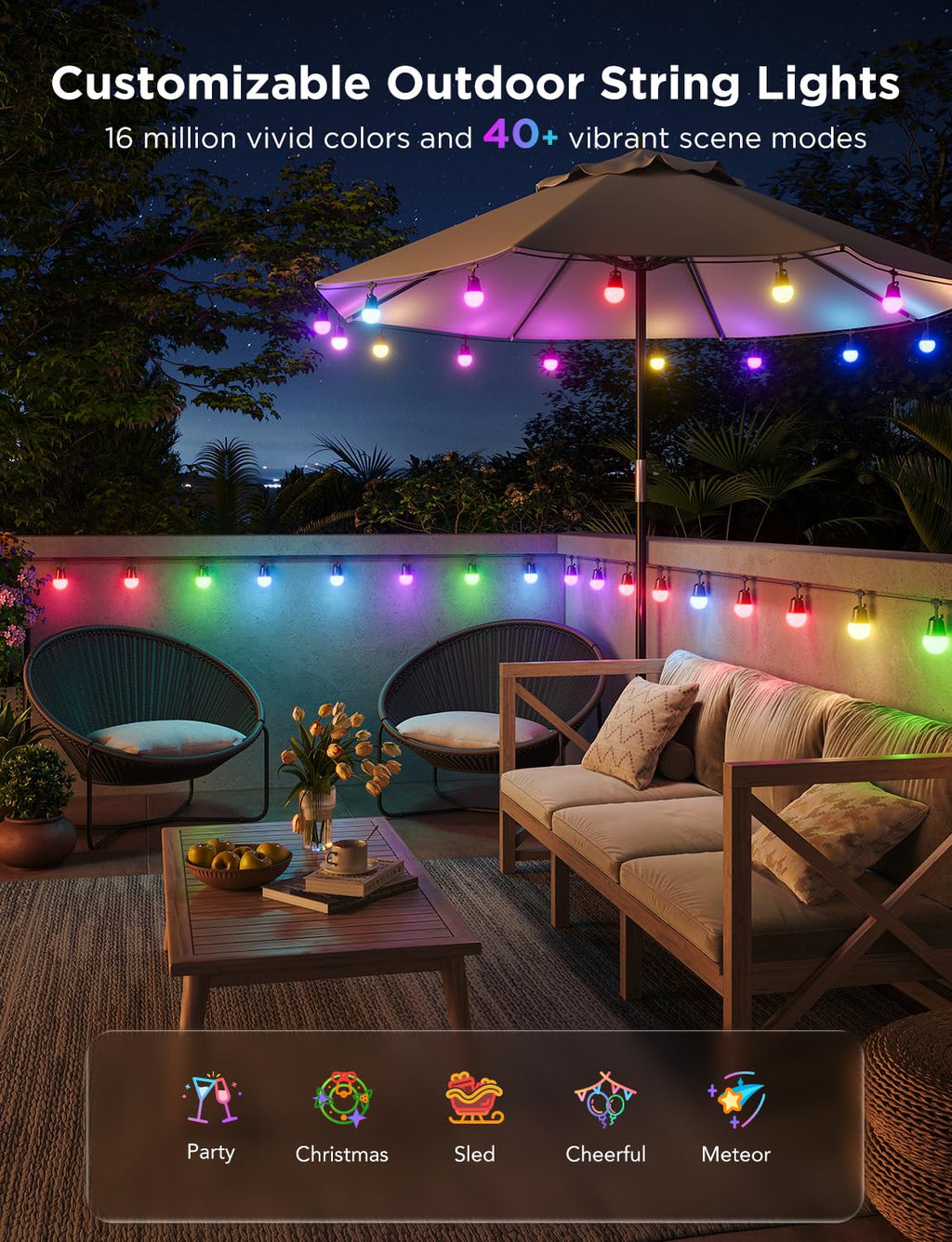 Govee Smart Outdoor String Lights 2 - 48ft, Dimmable Warm White LEDs, 47 Scene Modes, IP65, Alexa & App Control