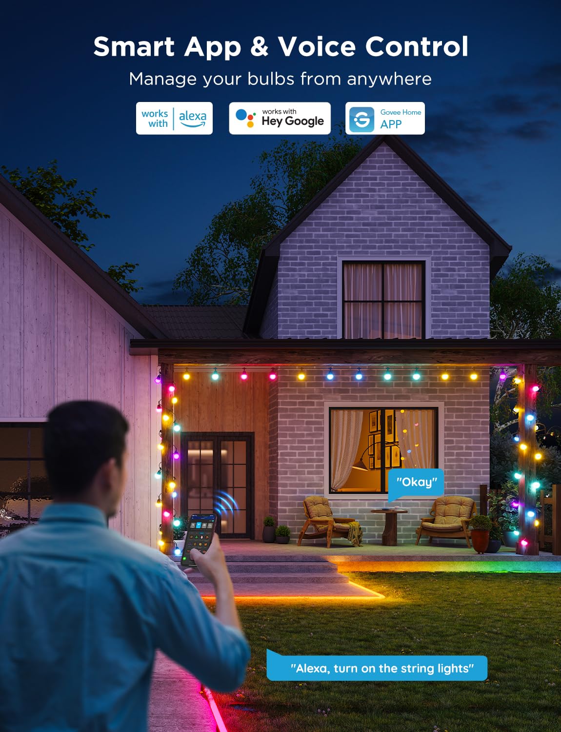 Govee Smart Outdoor String Lights 2 - 48ft, Dimmable Warm White LEDs, 47 Scene Modes, IP65, Alexa & App Control