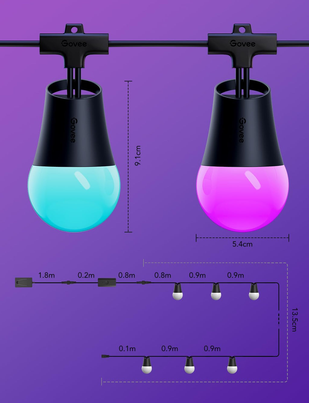 Govee Smart Outdoor String Lights 2 - 48ft, Dimmable Warm White LEDs, 47 Scene Modes, IP65, Alexa & App Control