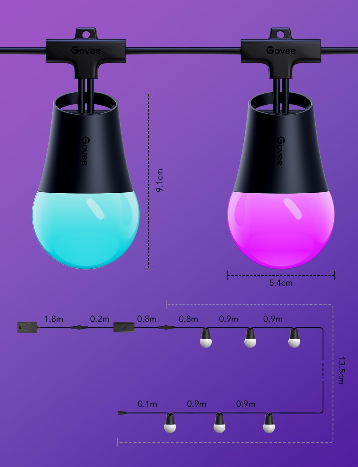 Govee Smart Outdoor String Lights 2 - 48ft, Dimmable Warm White LEDs, 47 Scene Modes, IP65, Alexa & App Control