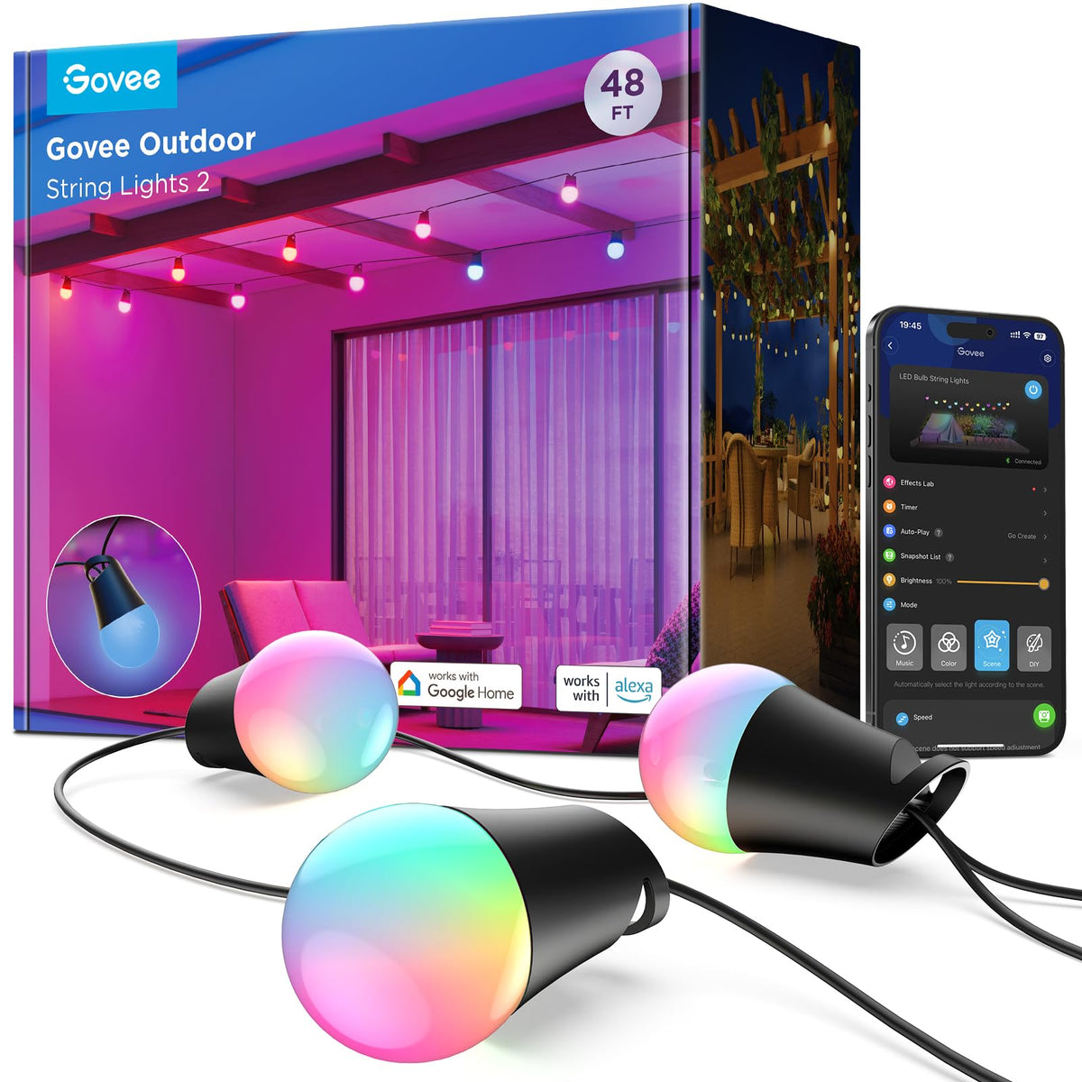 Govee Smart Outdoor String Lights 2 - 48ft, Dimmable Warm White LEDs, 47 Scene Modes, IP65, Alexa & App Control