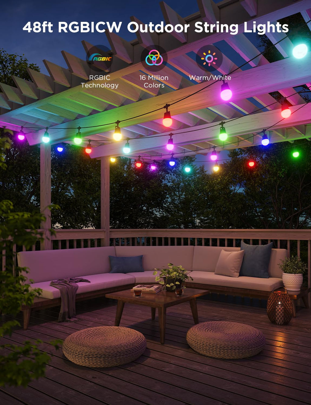 Govee Smart Outdoor String Lights 2 - 48ft, Dimmable Warm White LEDs, 47 Scene Modes, IP65, Alexa & App Control