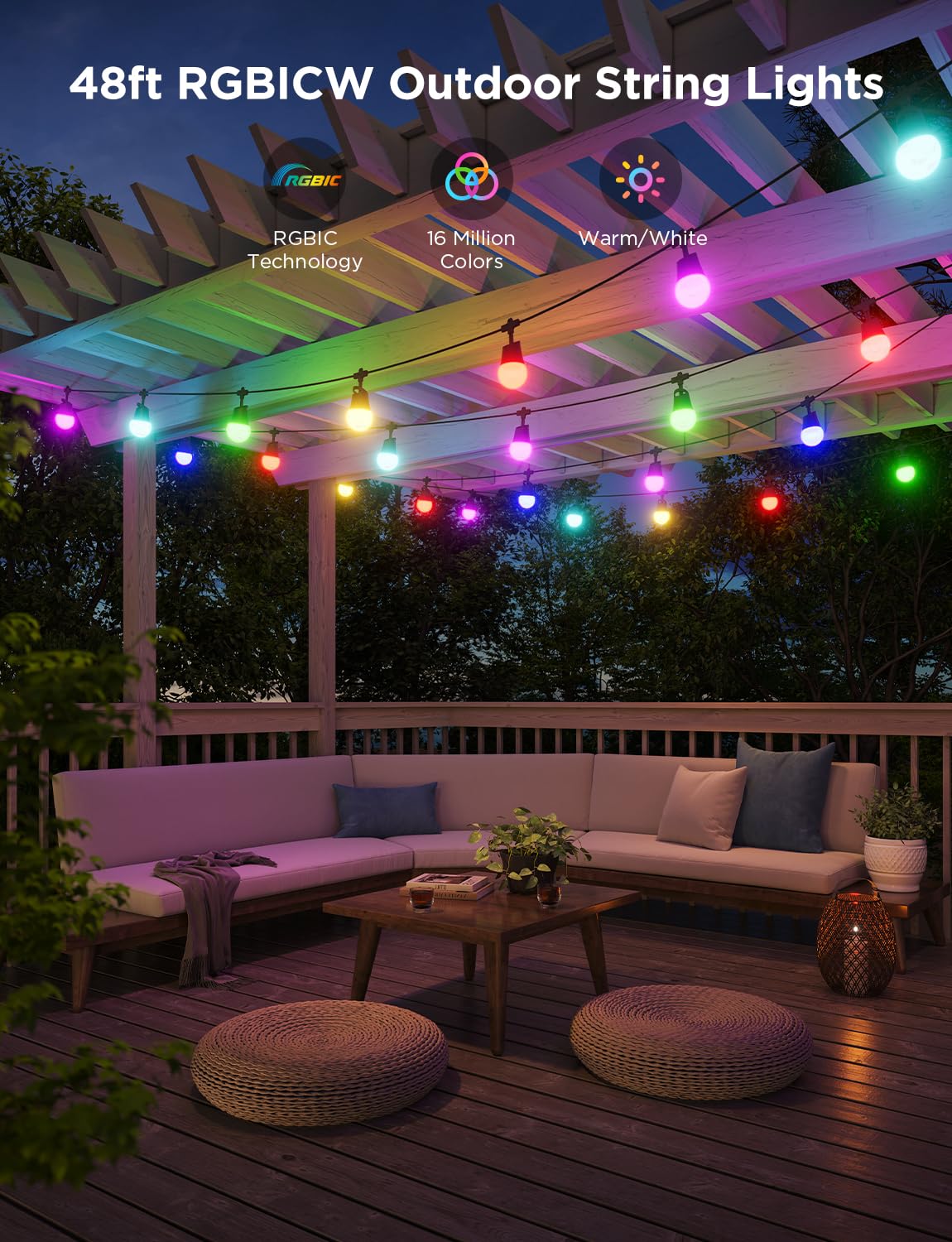 Govee Smart Outdoor String Lights 2 - 48ft, Dimmable Warm White LEDs, 47 Scene Modes, IP65, Alexa & App Control