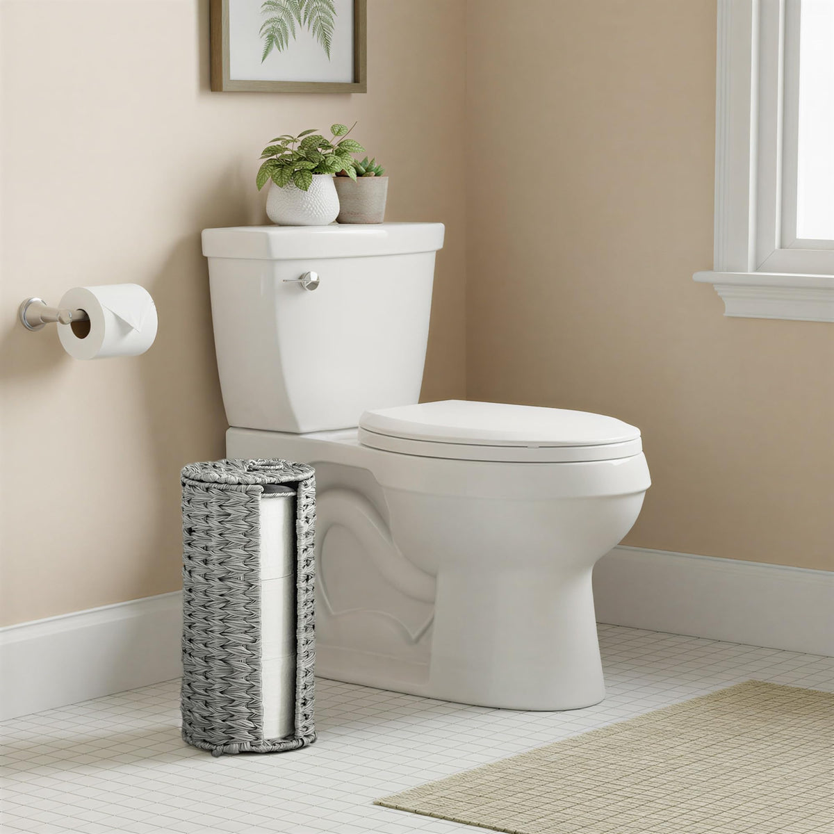 GRANNY SAYS Toilet Paper Storage with Lid – Holds 3 Mega Rolls in a Gray Woven Basket
