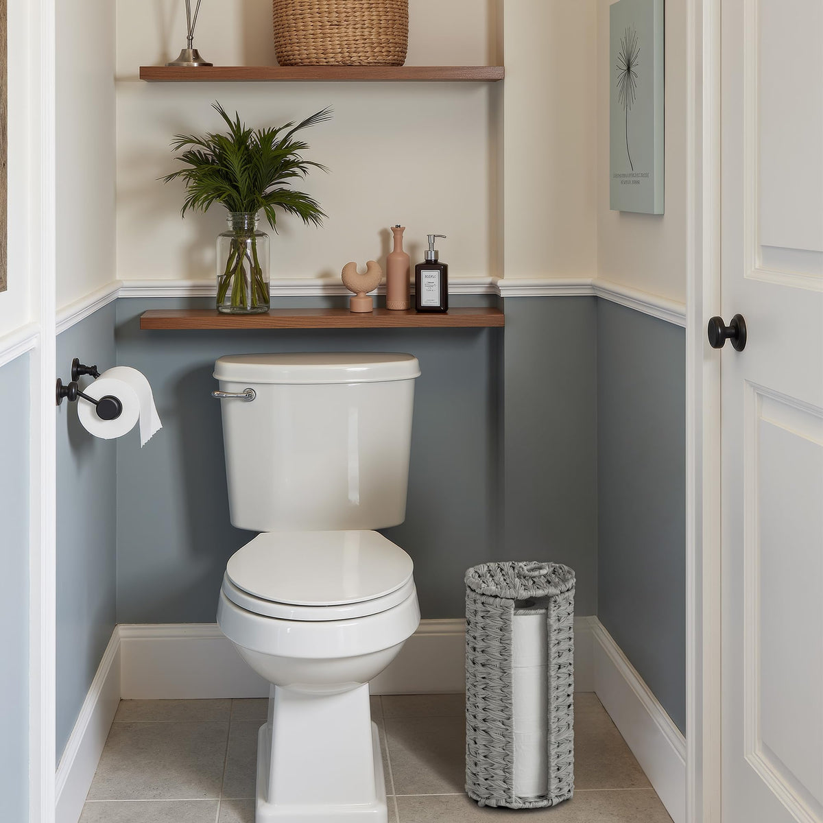 GRANNY SAYS Toilet Paper Storage with Lid – Holds 3 Mega Rolls in a Gray Woven Basket