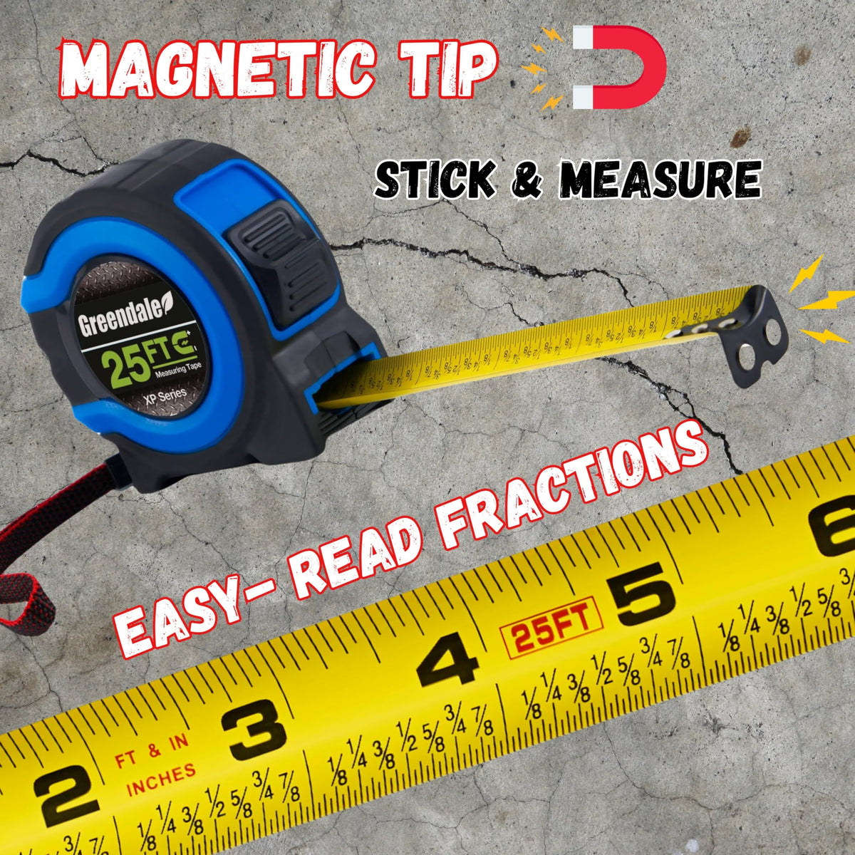Greendale 3 Pack Tape Measures 25 ft – Easy-Read Fractions, Magnetic Tip, Quick-Lock & Auto-Retract – Blue